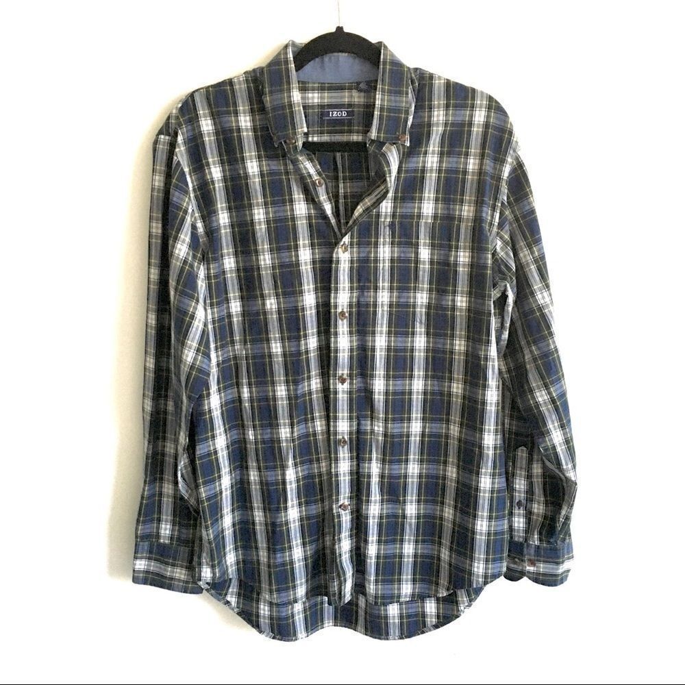 IIZOD Plaid Button Down Shirt Long Sleeve Blue Green White M